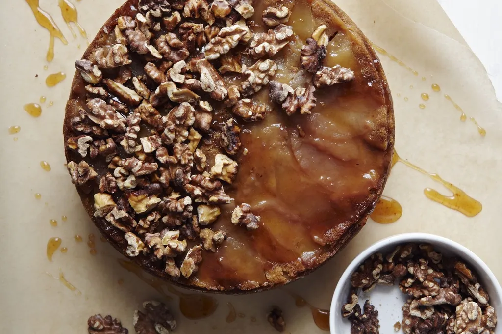 Brown Sugar Apple Upside-Down Cake with Apple Cider Caramel & Spiced Walnuts